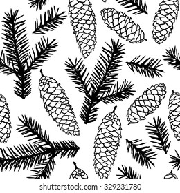 Vector illustrations of fir cones and fir branches pattern seamless