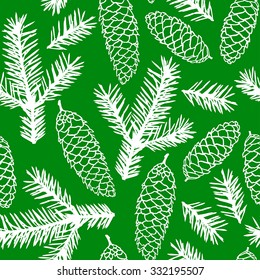 Vector illustrations of fir cones and fir branches pattern seamless on green background