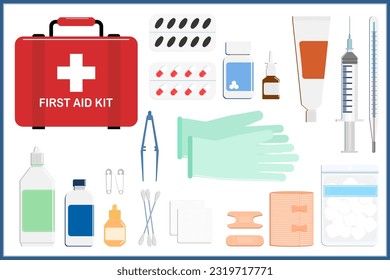 Ilustraciones vectoriales de la caja de botiquín de primeros auxilios y equipos de primeros auxilios como solución salina, alcohol de frotamiento, gasa, vendas, bolas de algodón, carbono, guantes y termómetro de vidrio, etc. Diseño plano.