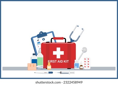 Vector illustrations of First aid kit.Box with medicine equipment and treatment for emergency.gauze,elastic bandages,stethoscope,digital thermometer with syringe,antibiotic,antiseptic.flat style.