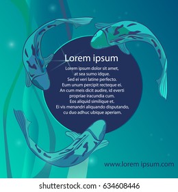 Vector illustrations with fish around circle. 