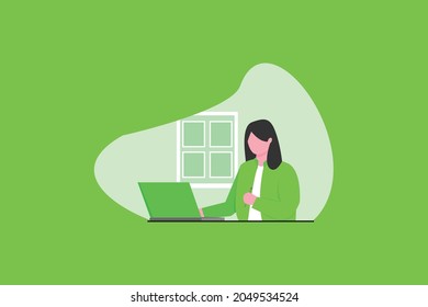  vector illustrations with flat cartoon characters working in office, co-working space or remotely at home, freelance, self-employment. People work at computers and laptops in modern interior.