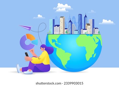 Vector Illustrations flat design concept video conference. employee talk on video call on mobile with diverse colleagues. video conferencing. Business online. contact from around the world.