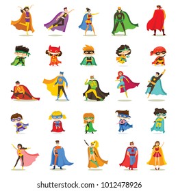 Vector illustrations in flat design of female, male and children superheroes in funny comics costume isolated on the white background