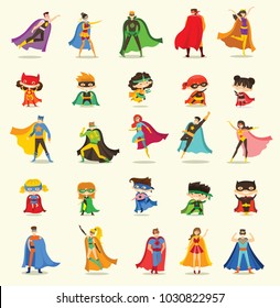 Vector illustrations in flat design of female, male and children superheroes in funny comics costume