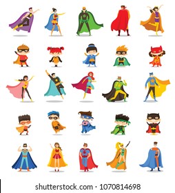 Vector illustrations in flat design of female, male and children superheroes in funny comics costume