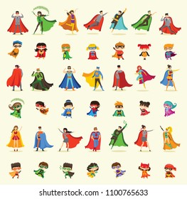 Vector illustrations in flat design of female, male and children superheroes in funny comics costume