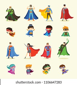 Vector illustrations in flat design of female, male and children superheroes in funny comics costume