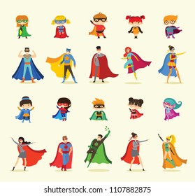 Vector illustrations in flat design of female, male and children superheroes in funny comics costume