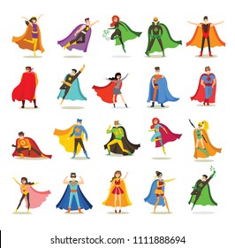 Vector illustrations in flat design of female and male superheroes in funny comics costume