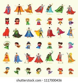 Vector illustrations in flat design of female, male and children superheroes in funny comics costume