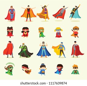 Vector illustrations in flat design of female, male and children superheroes in funny comics costume