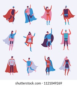Vector illustrations in flat design of female and male superheroes in funny comics costume