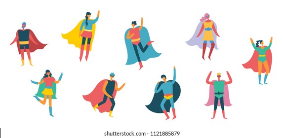 Vector illustrations in flat design of female, male superheroes in funny comics costume