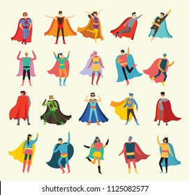 Vector illustrations in flat design of female and male superheroes in funny comics costume