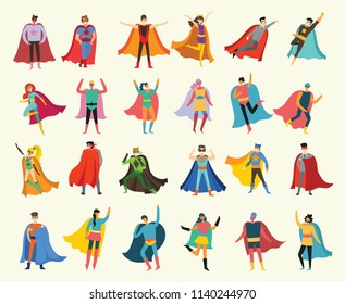 Vector illustrations in flat design of female and male superheroes in funny comics costume