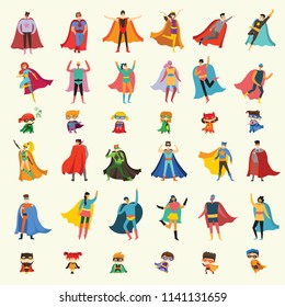 Vector illustrations in flat design of female, male and children superheroes in funny comics costume