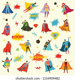 Vector illustrations in flat design of female and male superheroes in funny comics costume