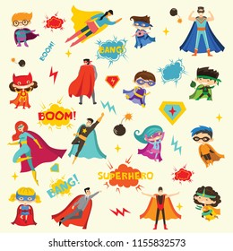 Vector illustrations in flat design of female, male and children superheroes in funny comics costume