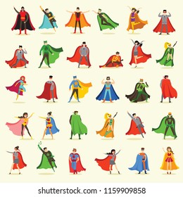 Vector illustrations in flat design of female and male superheroes in funny comics costume