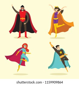 Vector illustrations in flat design of female and male superheroes in funny comics costume