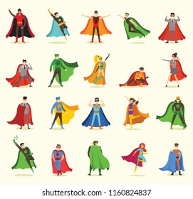 Vector illustrations in flat design of female and male superheroes in funny comics costume