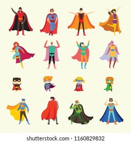 Vector illustrations in flat design of female, male and children superheroes in funny comics costume
