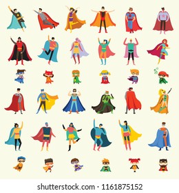 Vector illustrations in flat design of female, male and children superheroes in funny comics costume