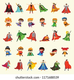 Vector illustrations in flat design of female, male and children superheroes in funny comics costume