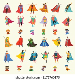 Vector illustrations in flat design of female, male and children superheroes in funny comics  super costume