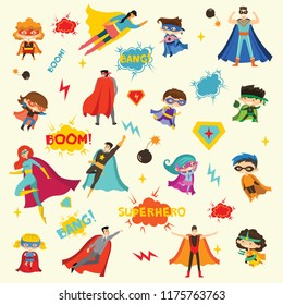 Vector illustrations in flat design of female, male and children superheroes in funny comics  super costume