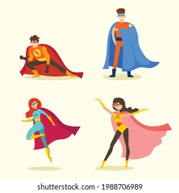 Vector illustrations in flat design of female and male superheroes in funny comics costume