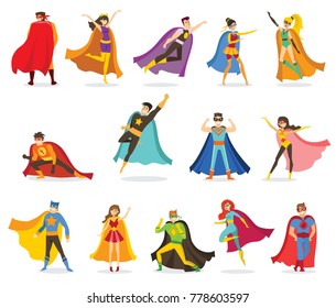 Vector illustrations in flat design of female and male superheroes in funny comics costume isolated on the white background