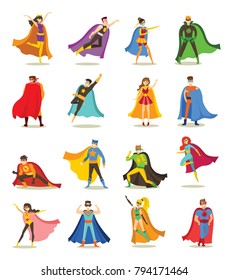 Vector illustrations in flat design of female and male superheroes in funny comics costume isolated on the white background