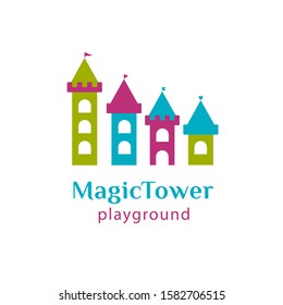 Vector illustrations in flat design with image of a castle, tower, fortress, bastion. Logo, pictogram of playground, kids zone, toy store, baby shop, fairytale, preschool, kindergarten, park.