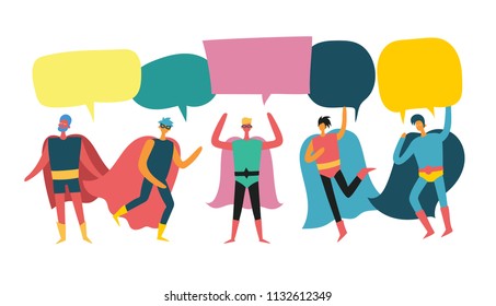 Vector illustrations in flat design of  male superheroes in funny comics costume with speech bubbles