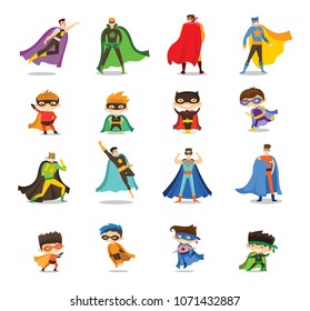 Vector illustrations in flat design of  men and boys superheroes in funny comics costumes