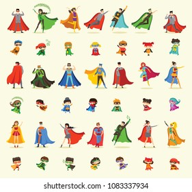 Vector illustrations in flat design of men, women, girls and boys superheroes in funny comics costumes