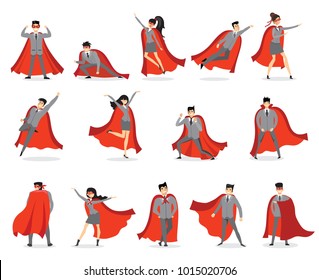 Vector illustrations in flat design of set of businessmen and businesswomen Superheroes with the red cloak.