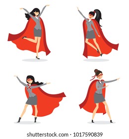 Vector illustrations in flat design of set of businesswomen Superheroes with the red cloak.