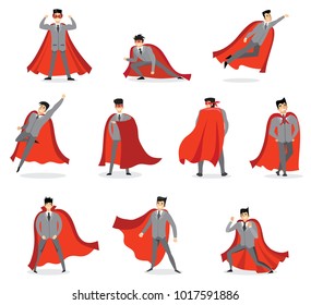 Vector illustrations in flat design of set of businessmen Superheroes with the red cloak.