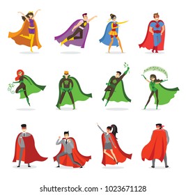 Vector illustrations in flat design of set of business , eco and classic Superheroes 