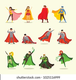 Vector illustrations in flat design of set of business , eco and classic Superheroes