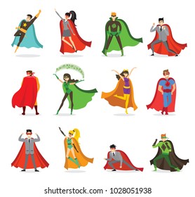 Vector illustrations in flat design of set of business , eco and classic Superheroes