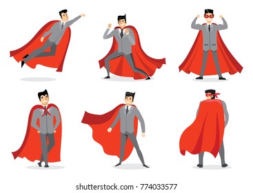 Vector illustrations in flat design of set of businessman Superhero with the red cloak.