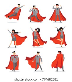 Vector illustrations in flat design of set of businessmen and businesswomen Superheroes with the red cloak.