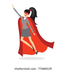 Vector illustrations in flat design of set of businesswoman Superhero with the red cloak.