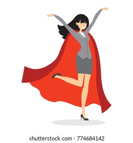 Vector illustrations in flat design of set of businesswoman Superhero with the red cloak.