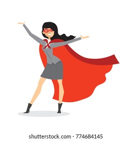 Vector illustrations in flat design of set of businesswoman Superhero with the red cloak.