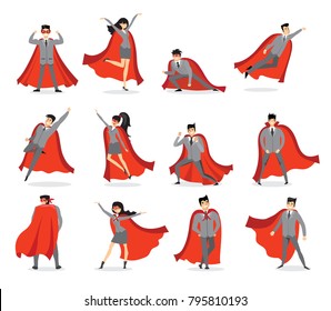 Vector illustrations in flat design of set of businessmen and businesswomen Superheroes with the red cloak.